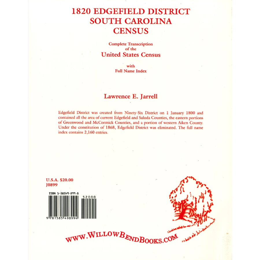1820 Edgefield District, South Carolina Census back cover