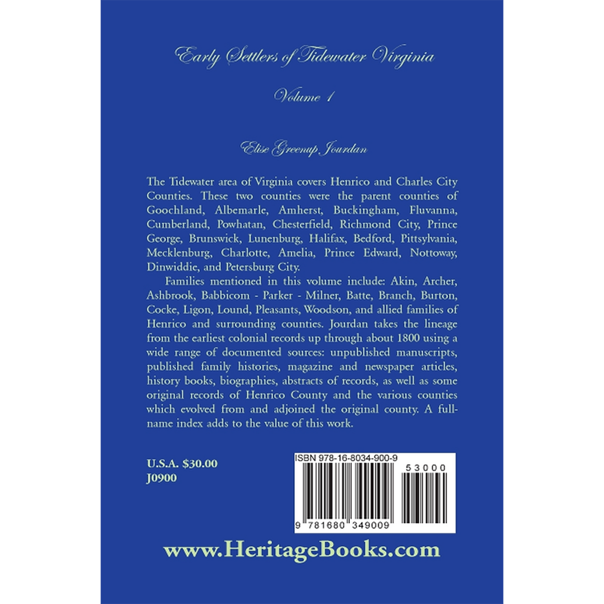 Early Settlers of Tidewater Virginia, Volume 1 back cover