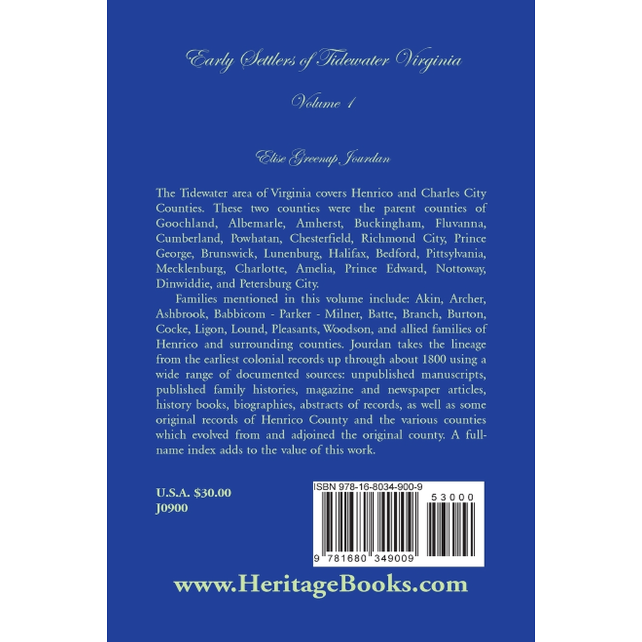 Early Settlers of Tidewater Virginia, Volume 1 back cover