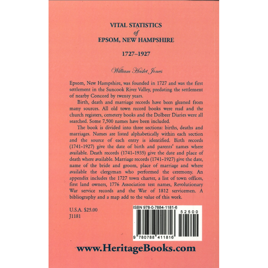 Vital Statistics of Epsom, New Hampshire, 1727-1927 back cover