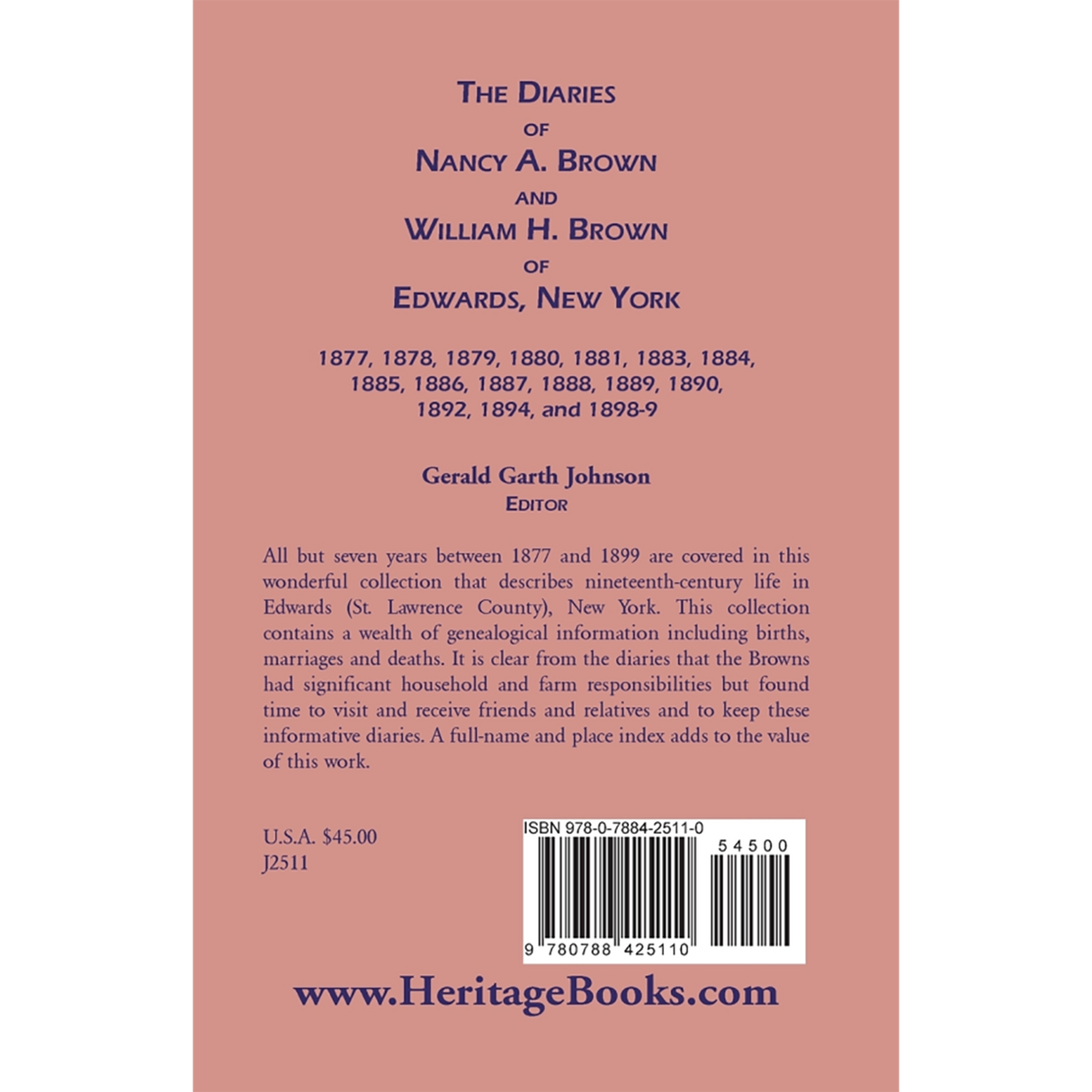 The Diaries of Nancy A. Brown and William H. Brown of Edwards, New York back cover