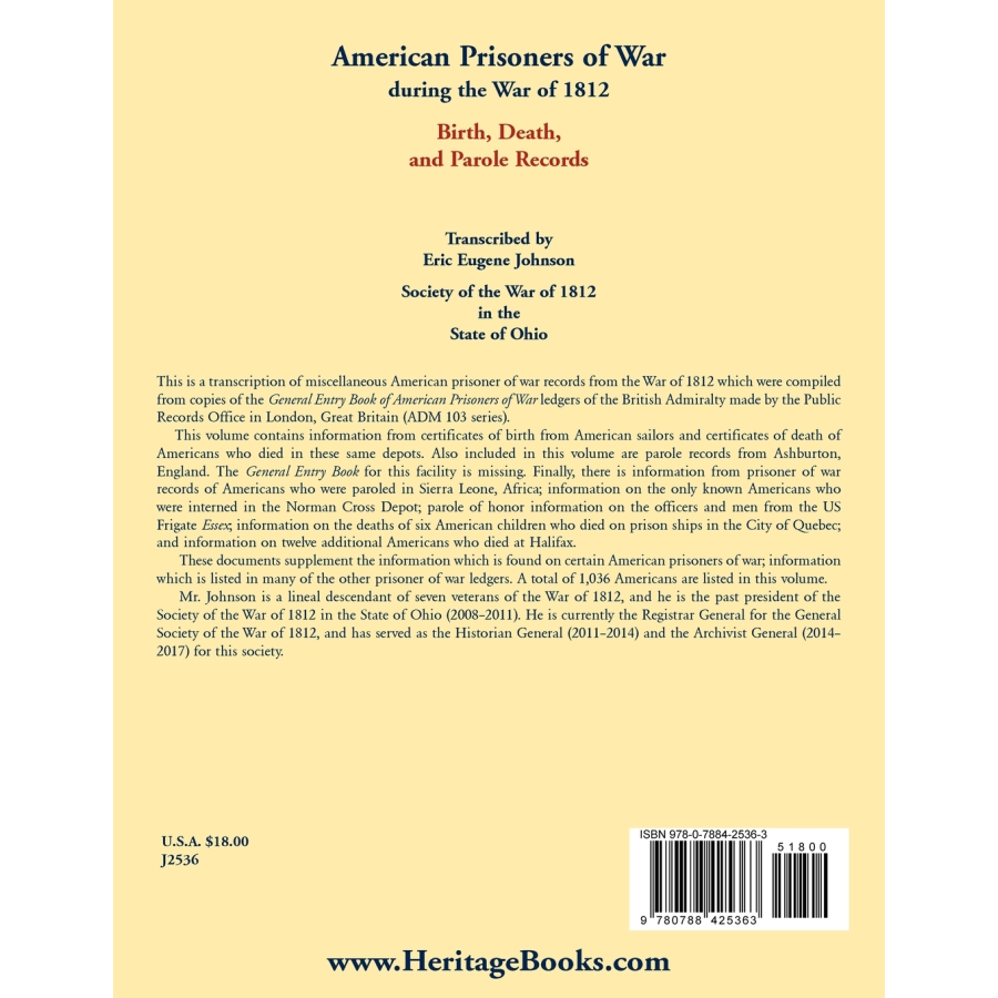 American Prisoners of War during the War of 1812: Birth, Death, and Parole Records back cover