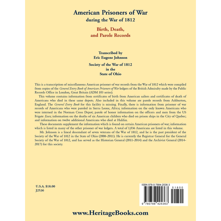 back cover of American Prisoners of War during the War of 1812: Birth, Death, and Parole Records