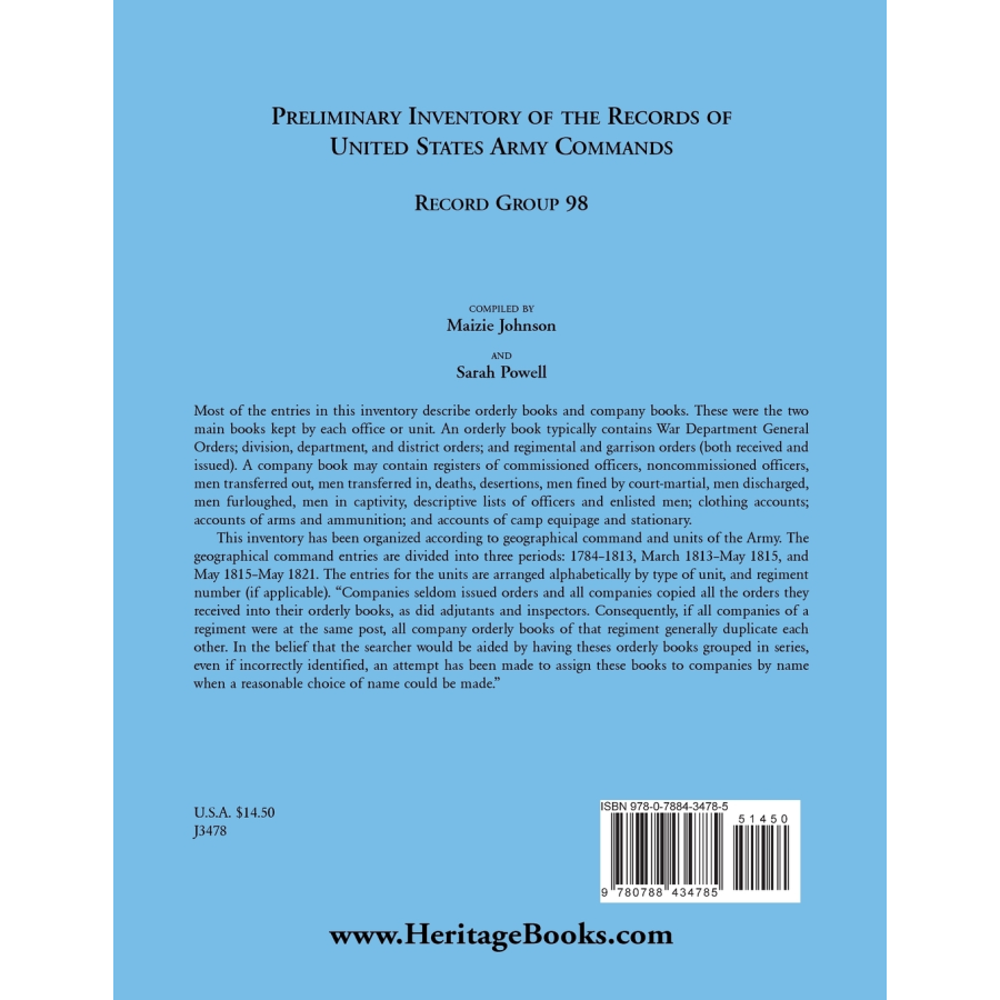 Preliminary Inventory of the Records of United States Army Commands, Record Group 98 back cover