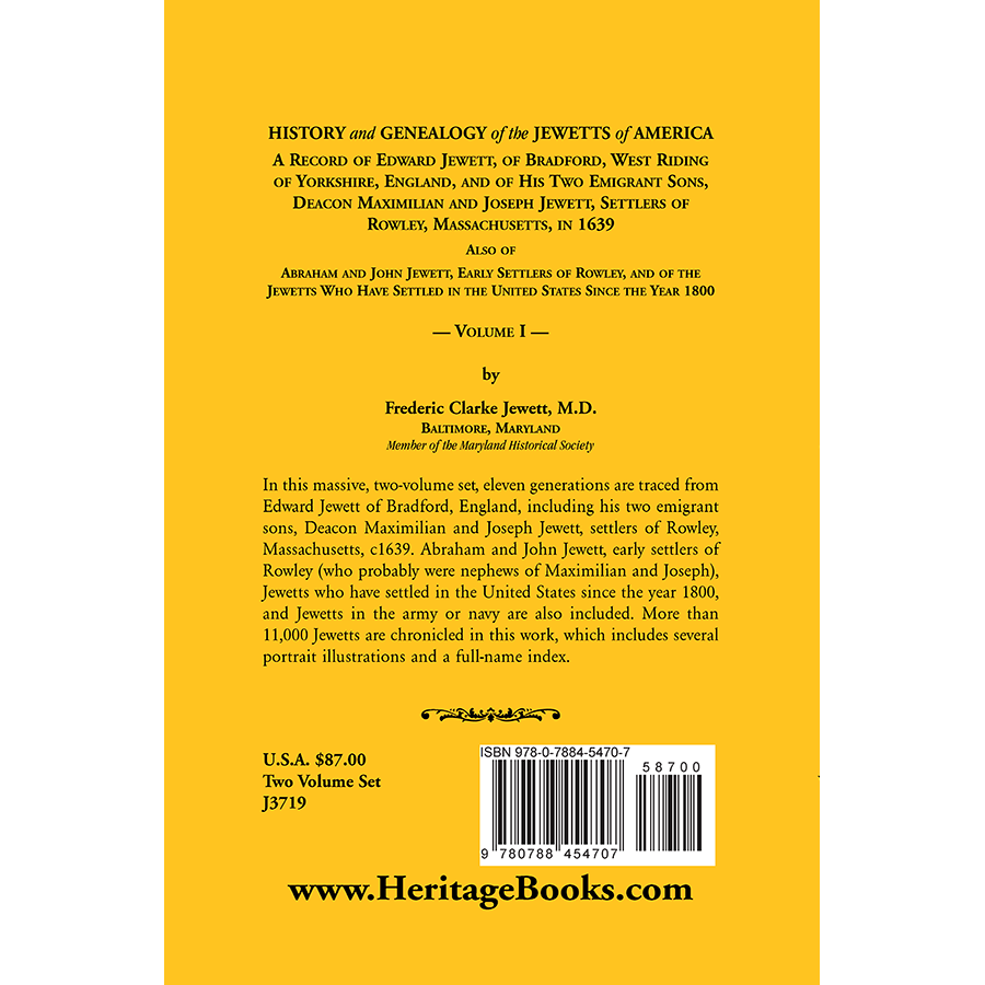 History and Genealogy of the Jewetts of America, Volume 1 back cover