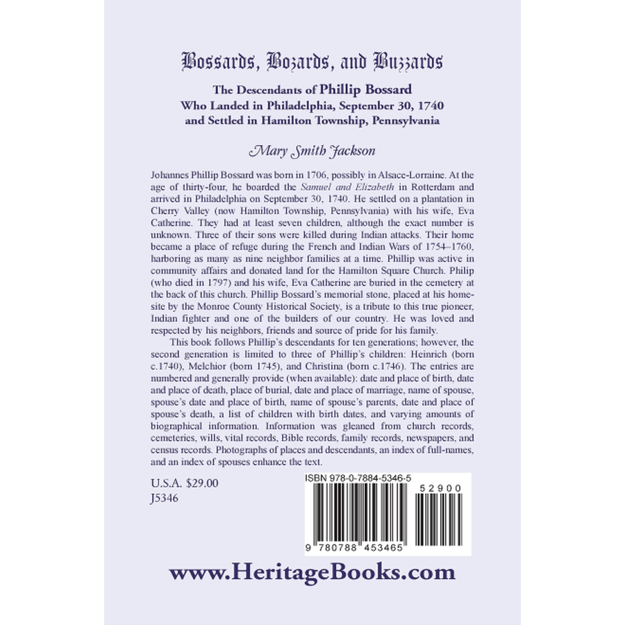 back cover of Bossards, Bozards, and Buzzards: The Descendants of Phillip Bossard