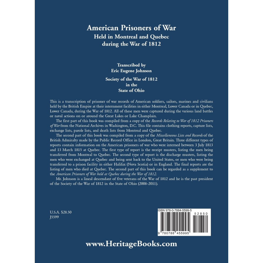 back cover of American Prisoners of War held in Montreal and Quebec during the War of 1812
