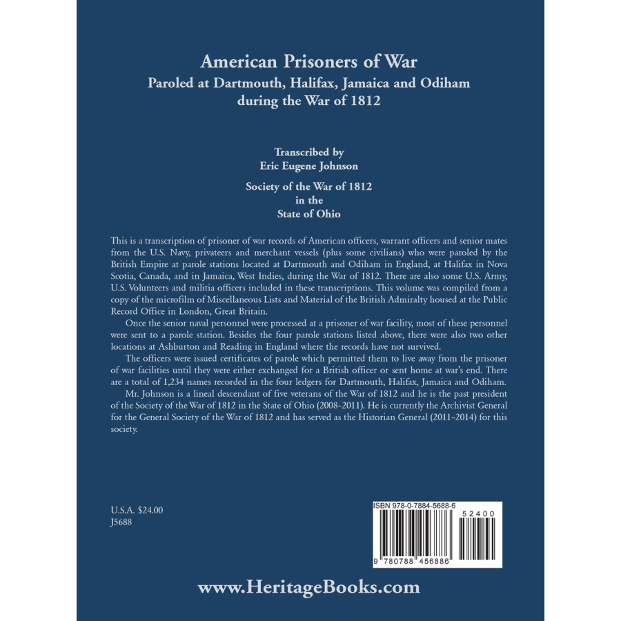 back cover of American Prisoners of War Paroled at Dartmouth, Halifax, Jamaica and Odiham during the War of 1812