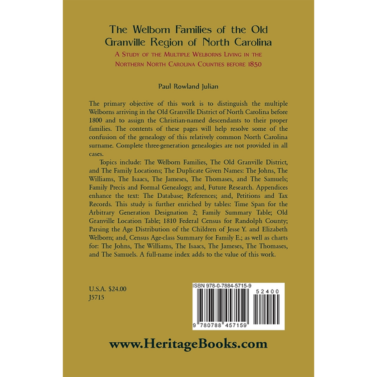 The Welborn Families of the Old Granville Region of North Carolina back cover
