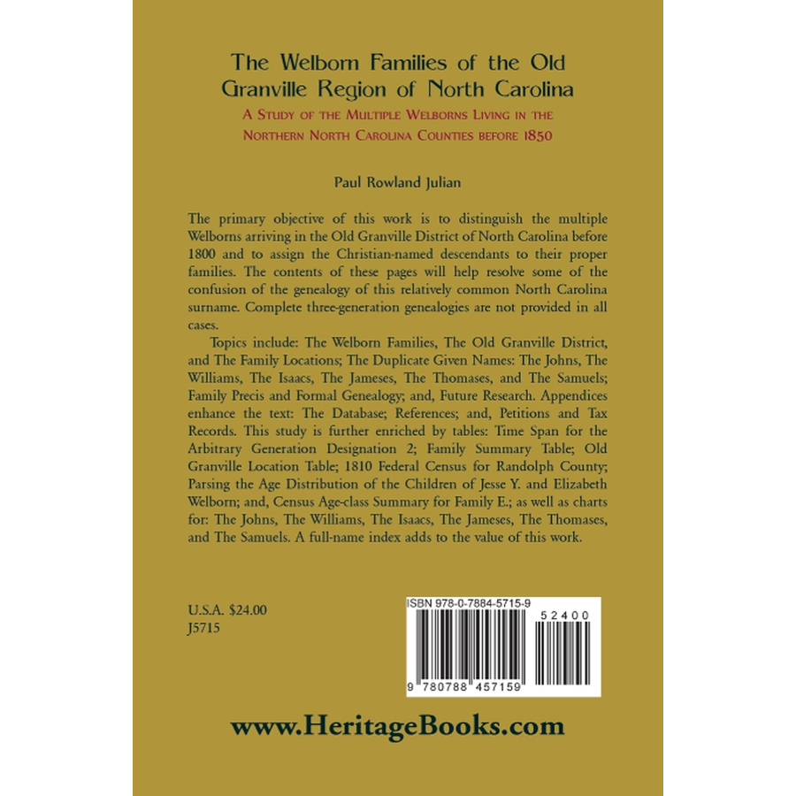 back cover of The Welborn Families of the Old Granville Region of North Carolina