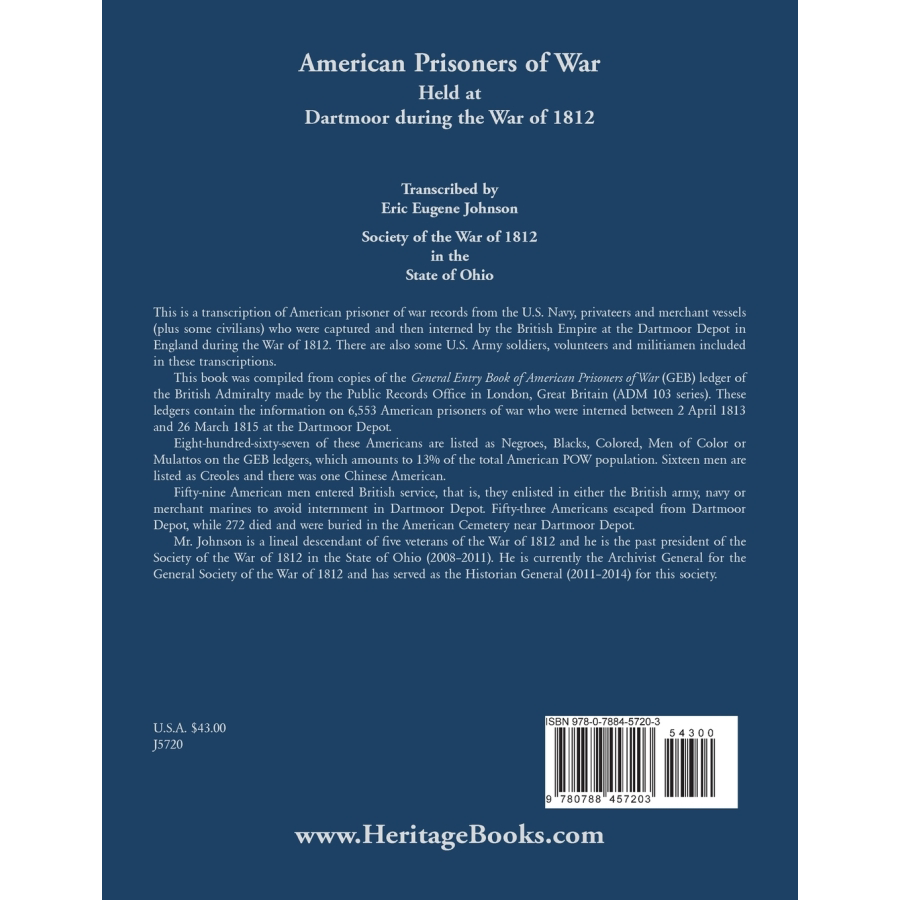 back cover of American Prisoners of War held at Dartmoor during the War of 1812