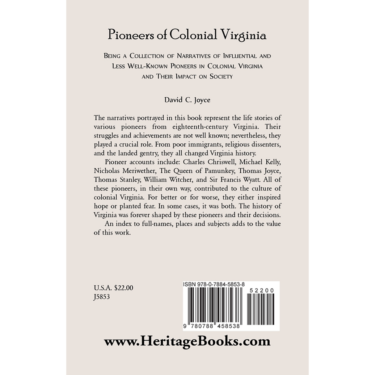 Pioneers of Colonial Virginia back cover