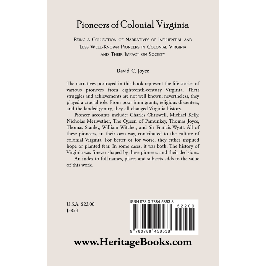 Pioneers of Colonial Virginia back cover