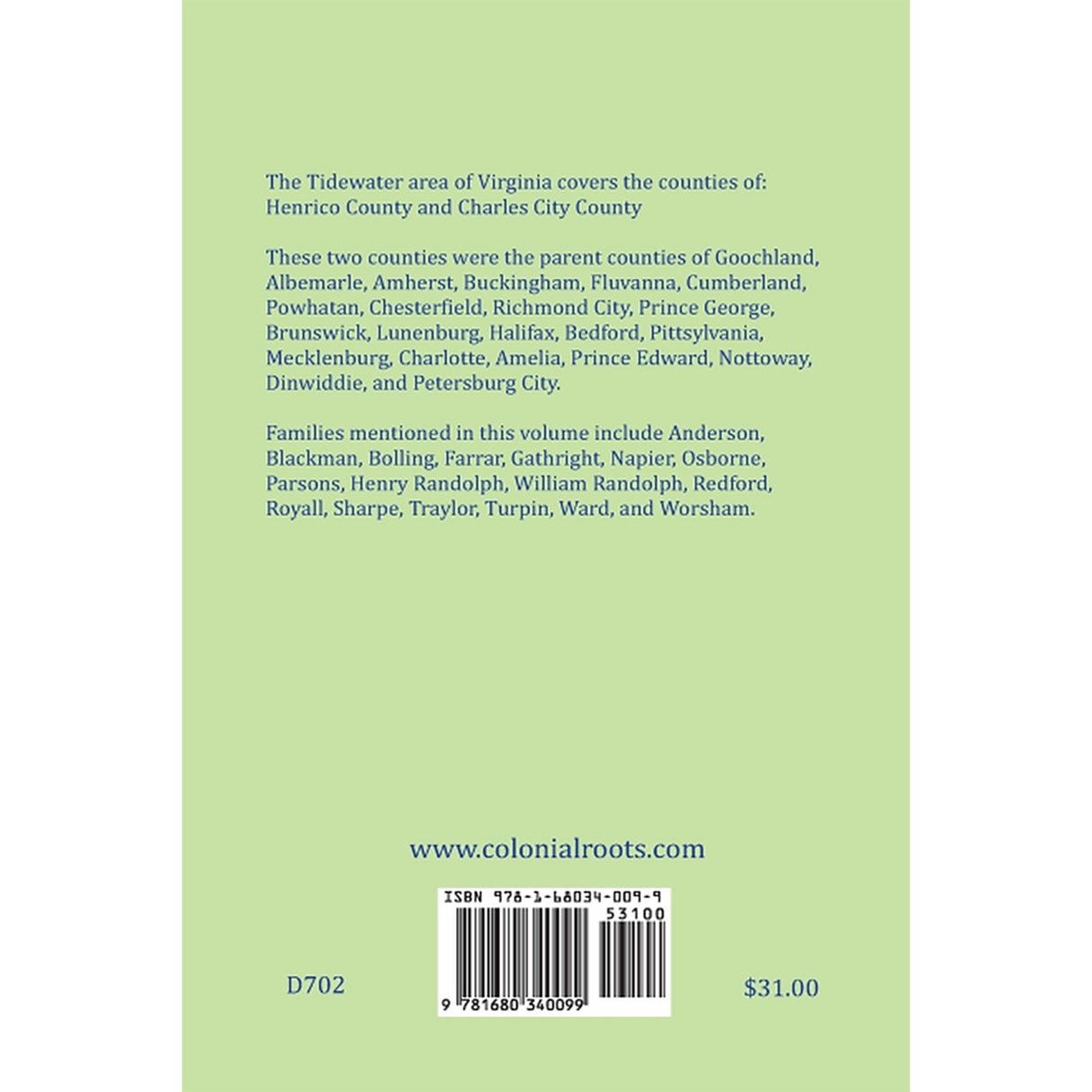 Early Settlers of Tidewater Virginia, Volume 3 back cover