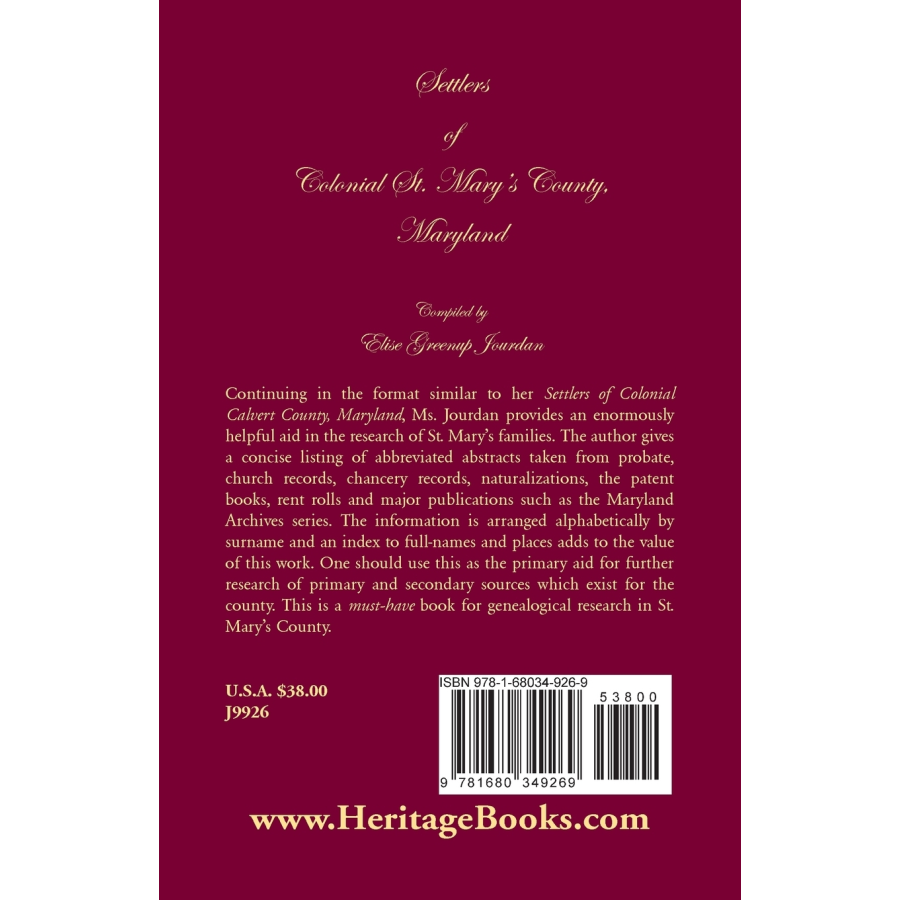 Settlers of Colonial St. Mary's County, Maryland back cover