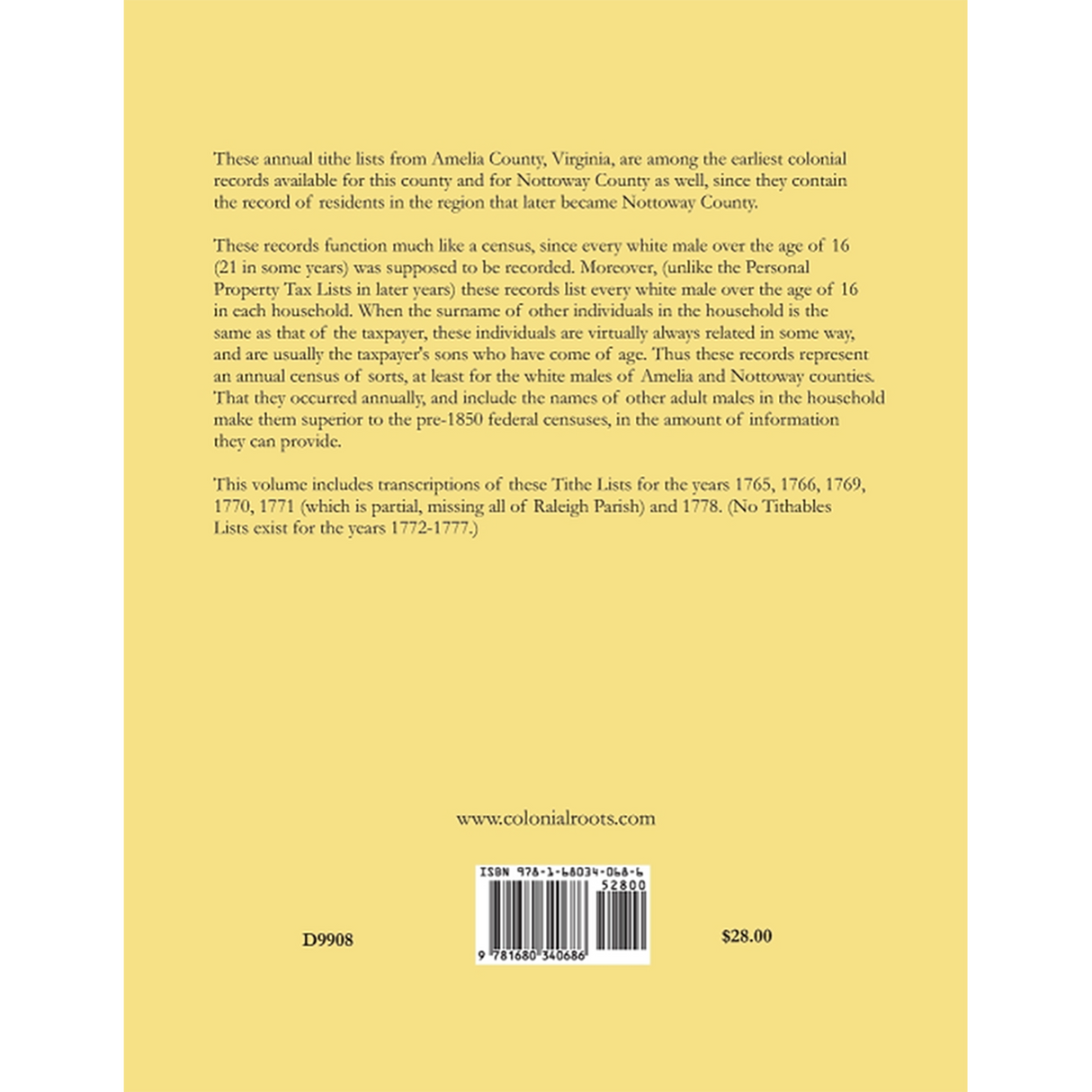 Tithe Lists for Amelia County, Virginia, 1765-1766, 1769-1771, and 1778 back cover