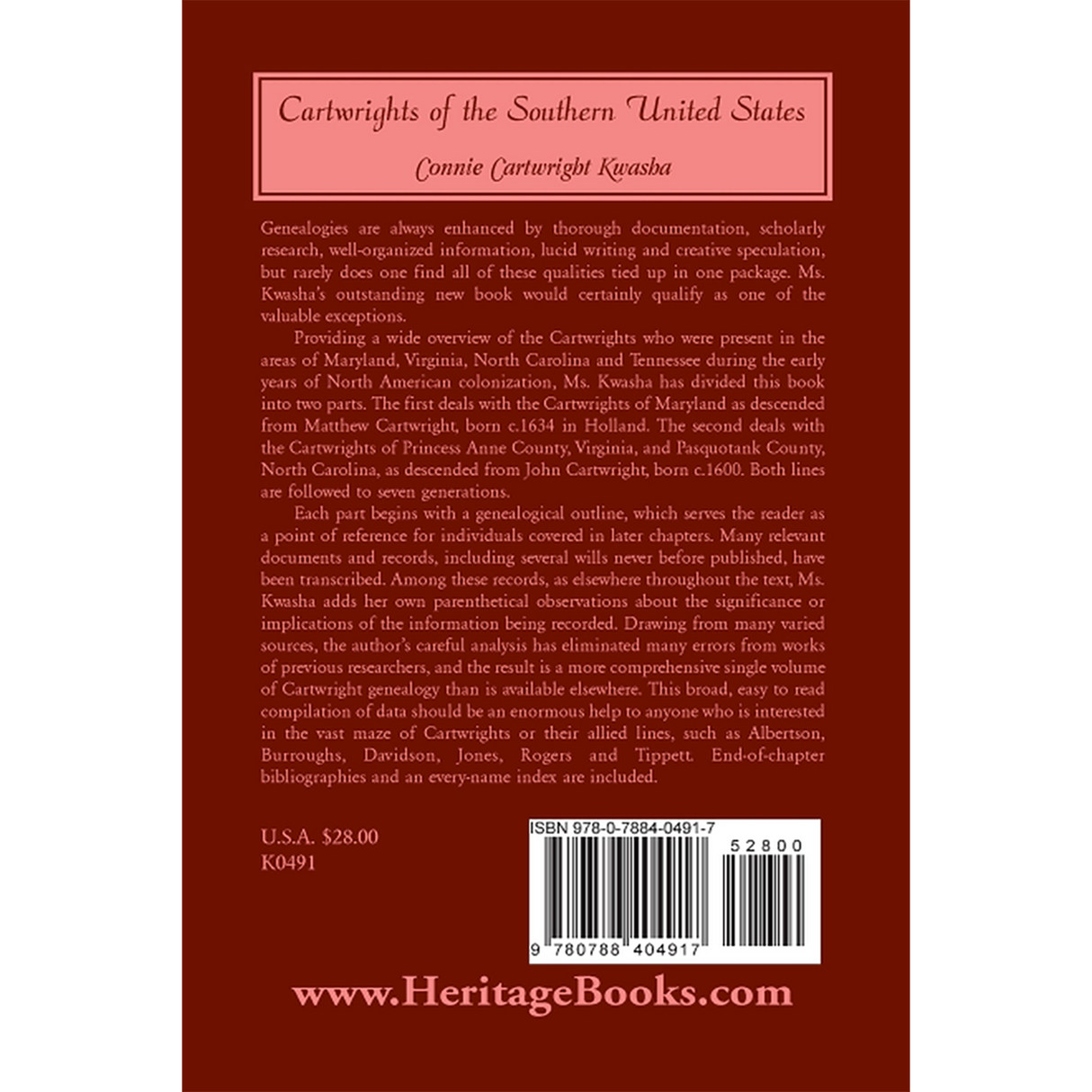 Cartwrights of the Southern United States back cover