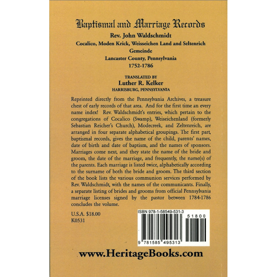 Baptismal and Marriage Records, Rev. John Waldschmidt, Lancaster County, Pennsylvania, 1752-1786 back cover