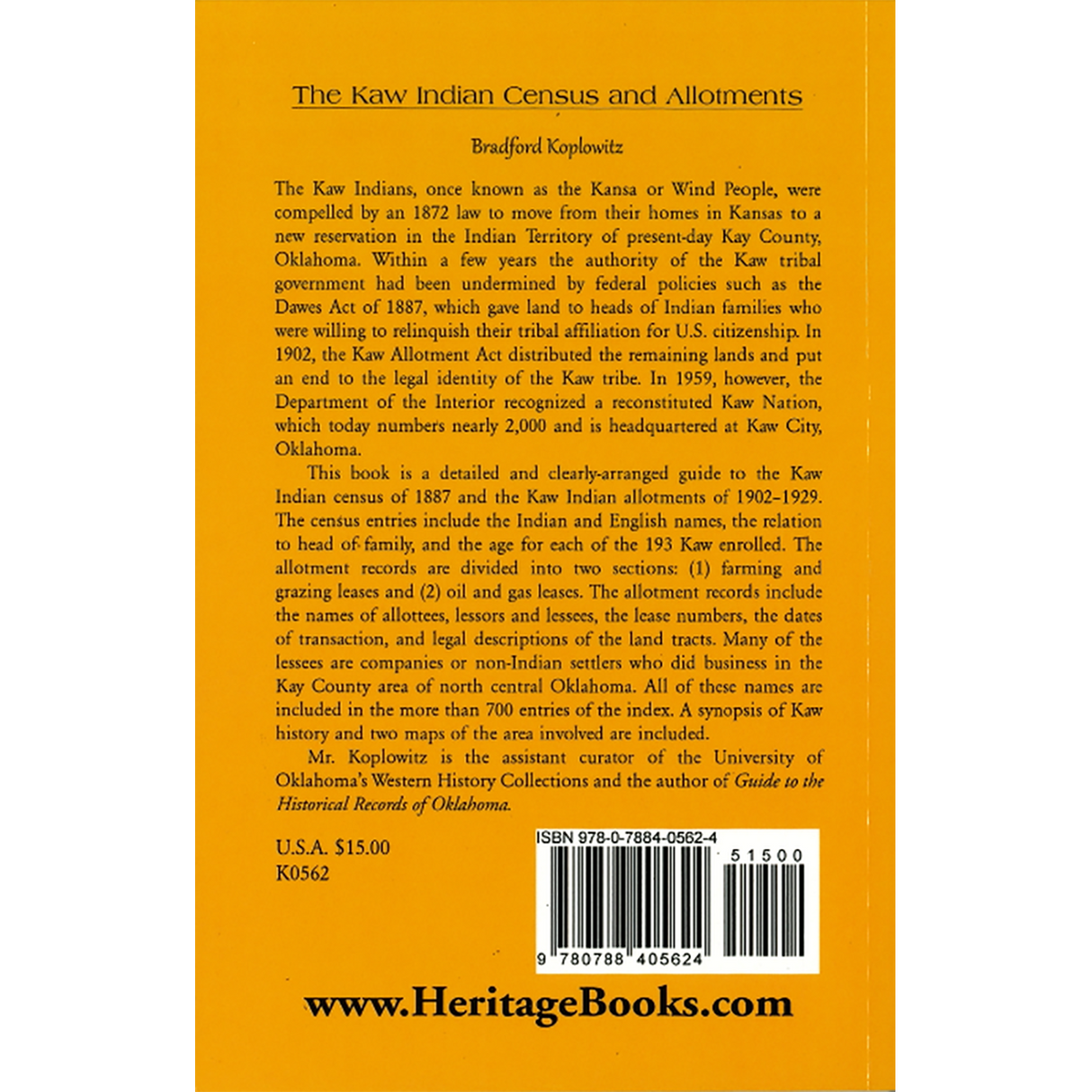 The Kaw Indian Census and Allotments back cover