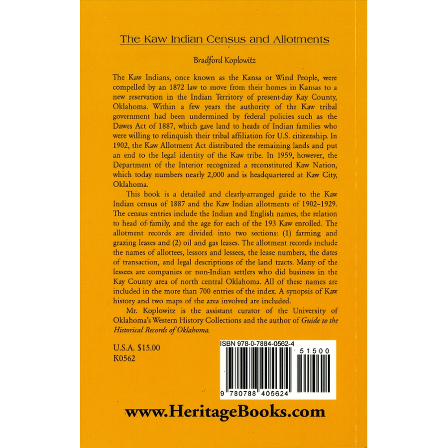 The Kaw Indian Census and Allotments back cover