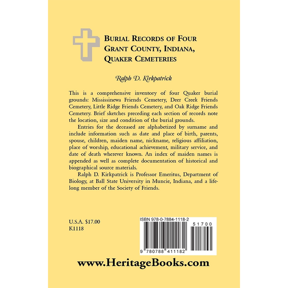 Burial Records of Four Grant County, Indiana, Quaker Cemeteries back cover