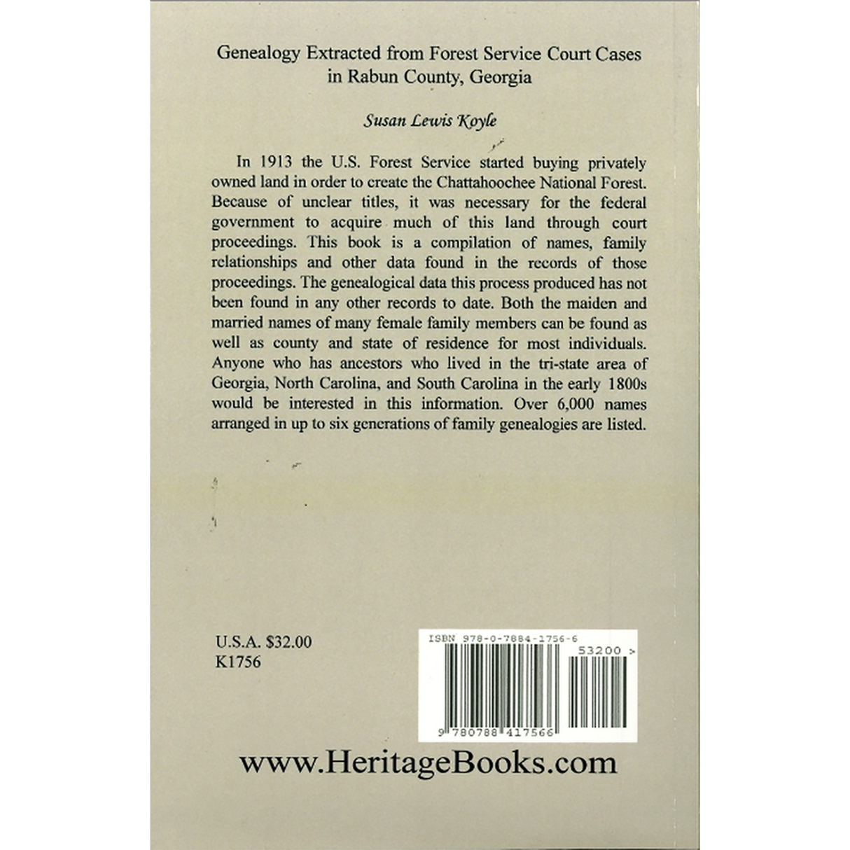 Genealogy Extracted from Forest Service Court Cases in Rabun County, Georgia back cover
