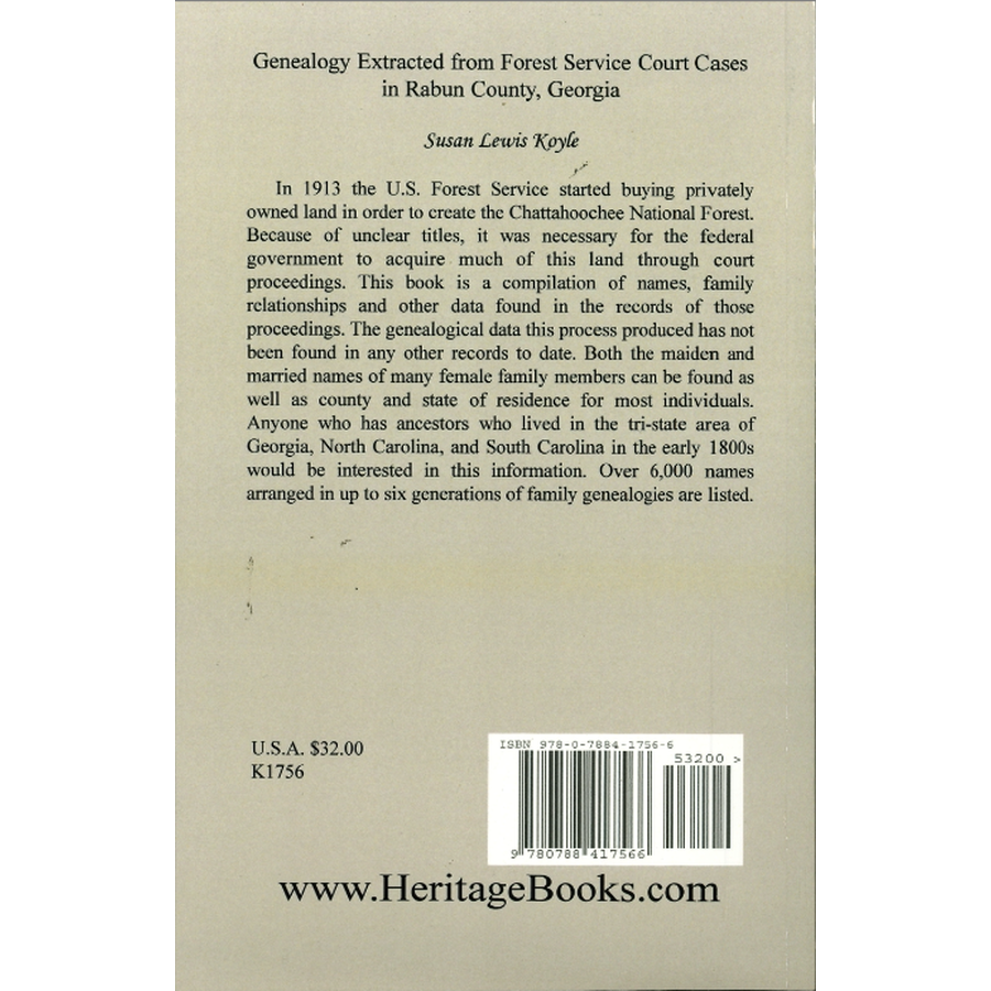 Genealogy Extracted from Forest Service Court Cases in Rabun County, Georgia back cover