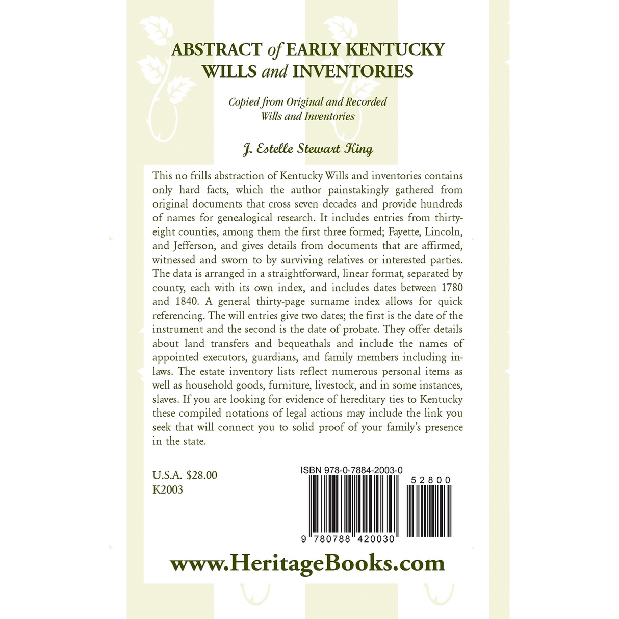 Abstract of Early Kentucky Wills and Inventories, Copied from Original and Recorded Wills and Inventories back cover