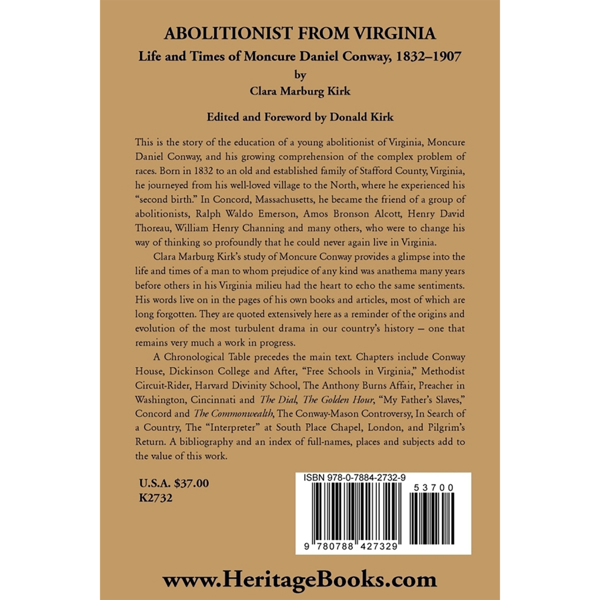 Abolitionist from Virginia, Life and Times of Moncure Daniel Conway, 1832-1907 back cover
