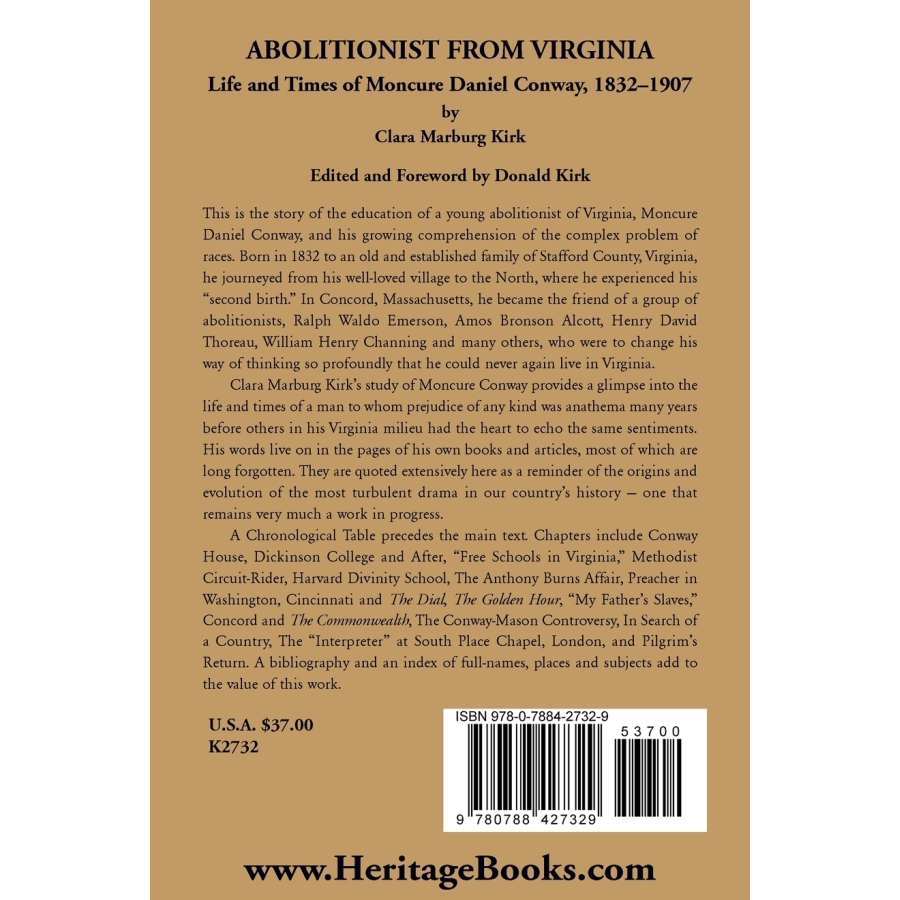 back cover of Abolitionist from Virginia, Life and Times of Moncure Daniel Conway, 1832-1907