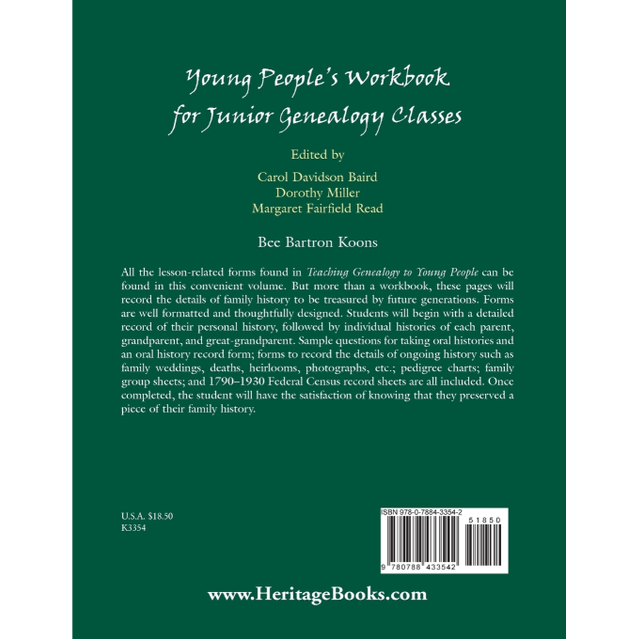 back cover of Young People's Workbook for Junior Genealogy Classes