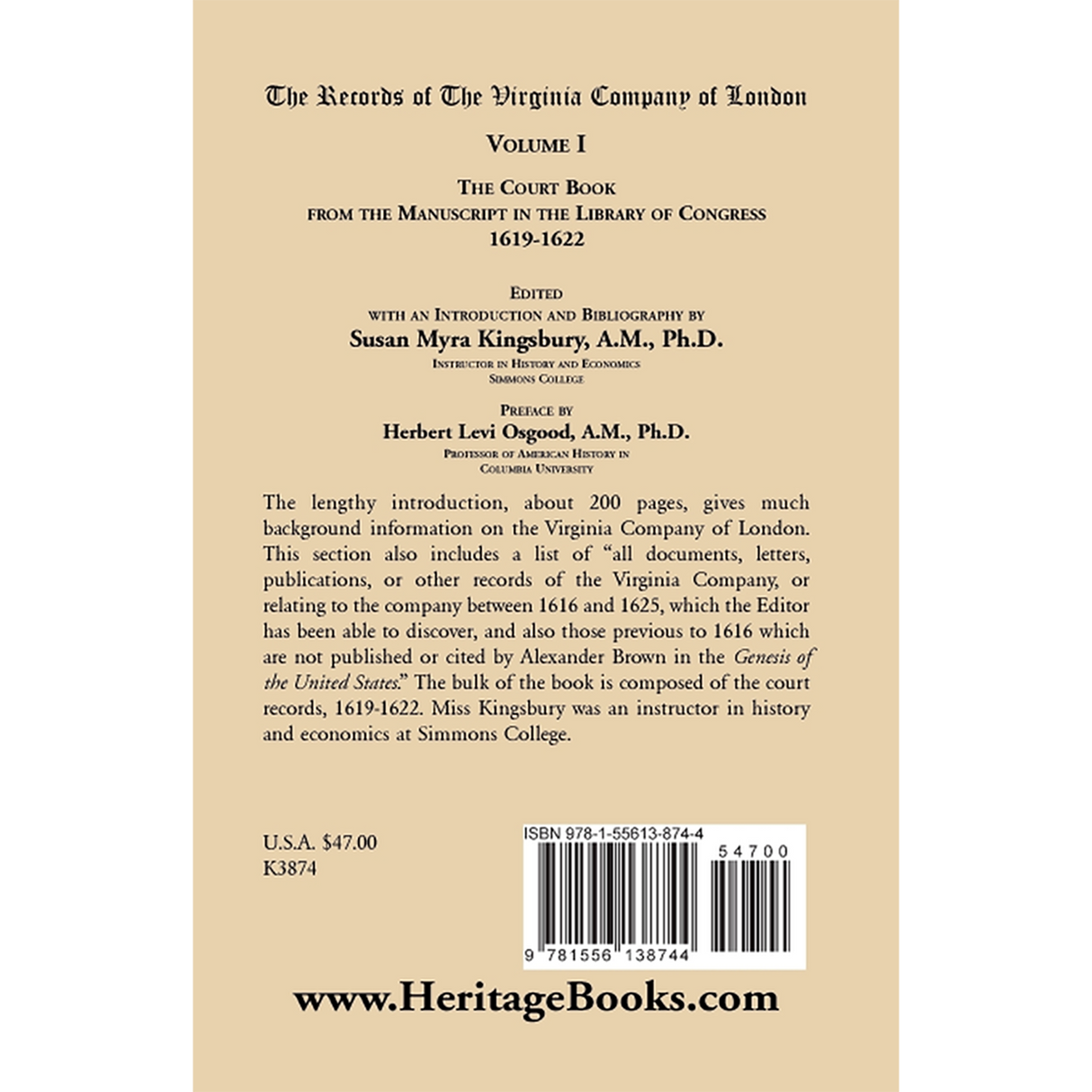 The Records of the Virginia Company of London: The Court Book, 1619-1622, Volume I back cover