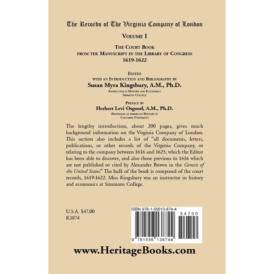 back cover of The Records of the Virginia Company of London: The Court Book, 1619-1622, Volume I