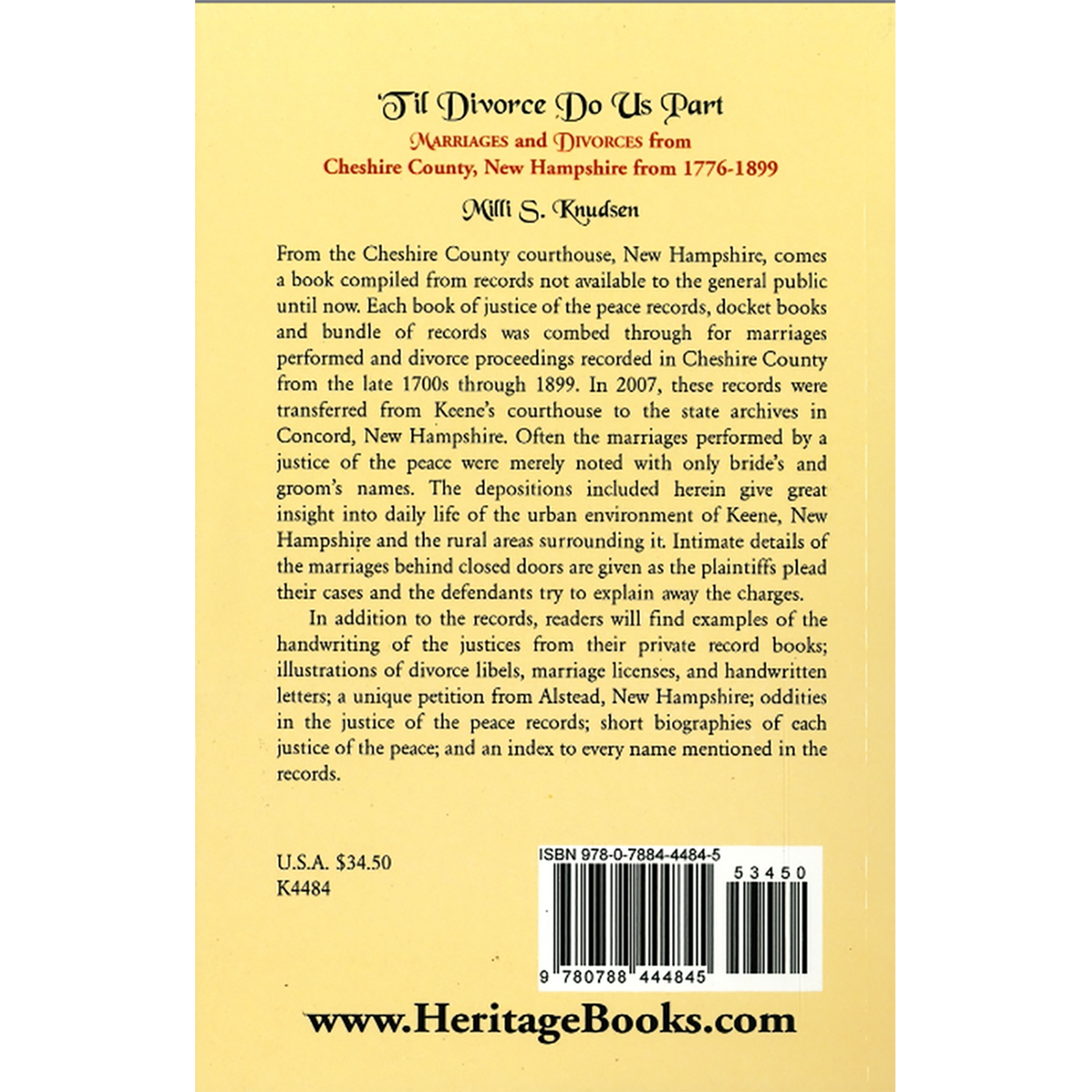'Til Divorce Do Us Part: Marriages and Divorces from Cheshire County, New Hampshire from 1776-1899 back cover