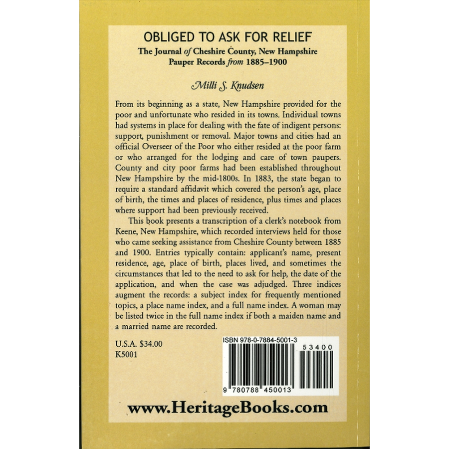 Obliged to Ask for Relief: the Journal of Cheshire County, New Hampshire Pauper Records from 1885-1900 back cover