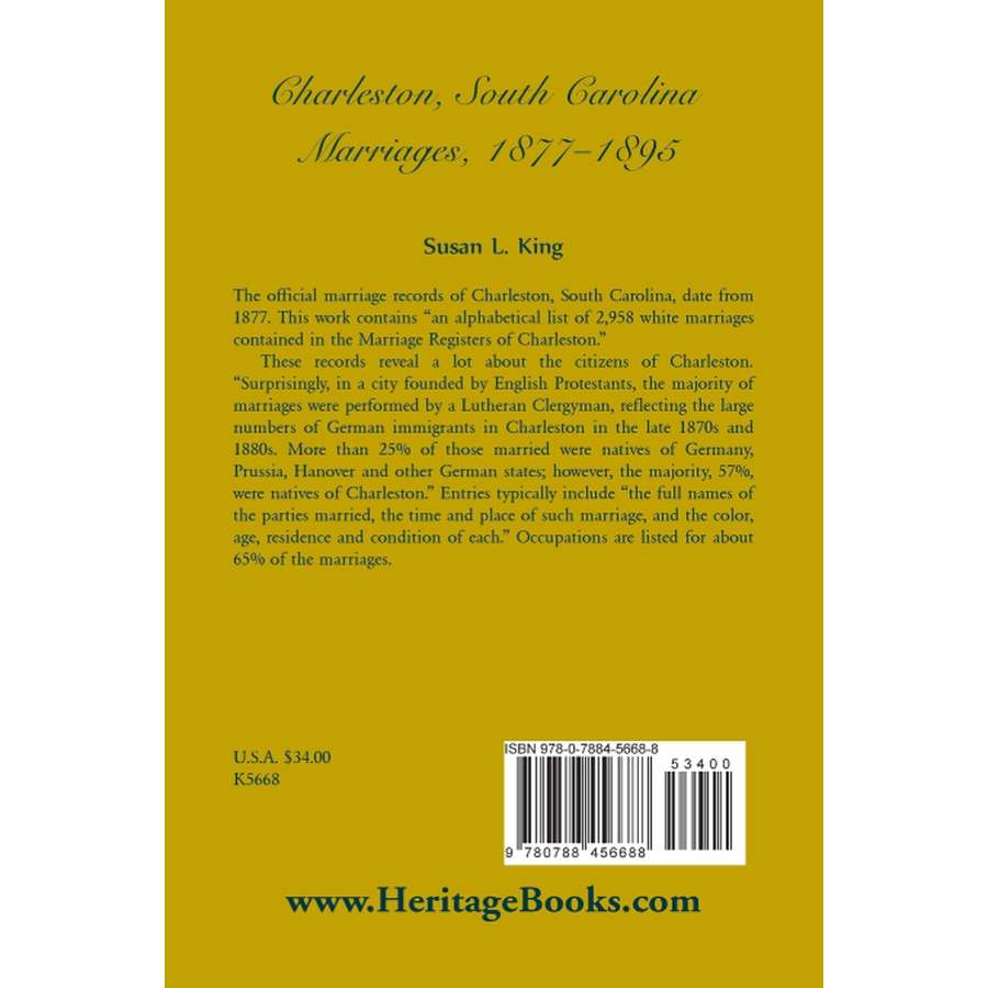 Charleston, South Carolina Marriages, 1877-1895 back cover