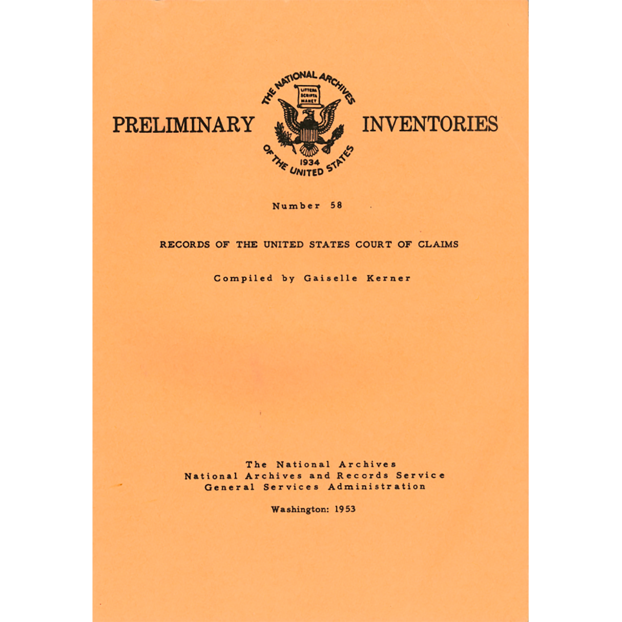 Preliminary Inventory No. 58, Records of the United States Court of Claims, Record Group 123
