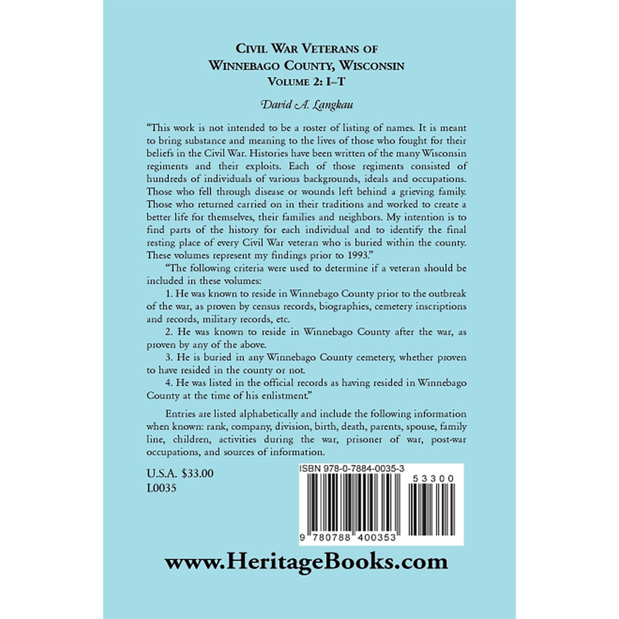 Civil War Veterans of Winnebago County, Wisconsin: Volume 2, I-T back cover