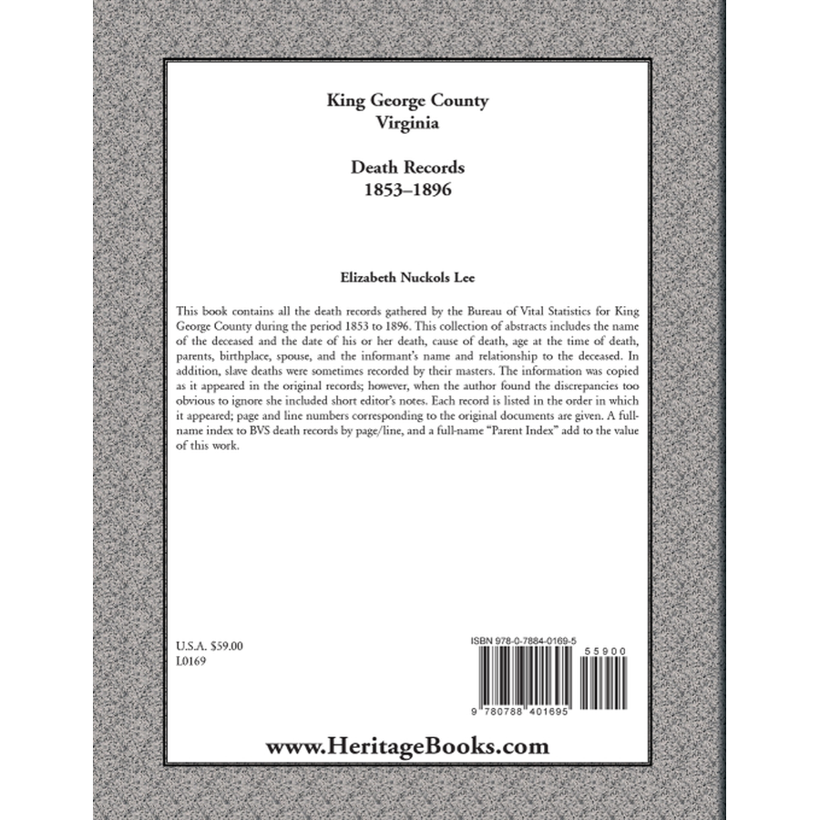 King George County, Virginia Death Records, 1853-1896 back cover