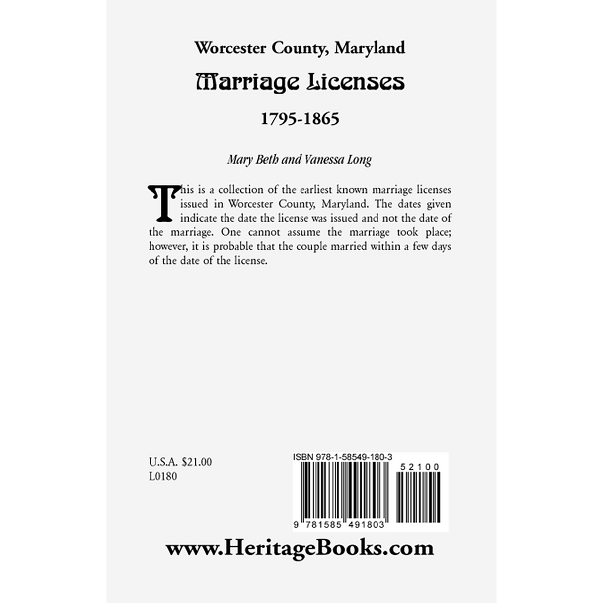 Worcester County, Maryland Marriage Licenses, 1795-1865 back cover