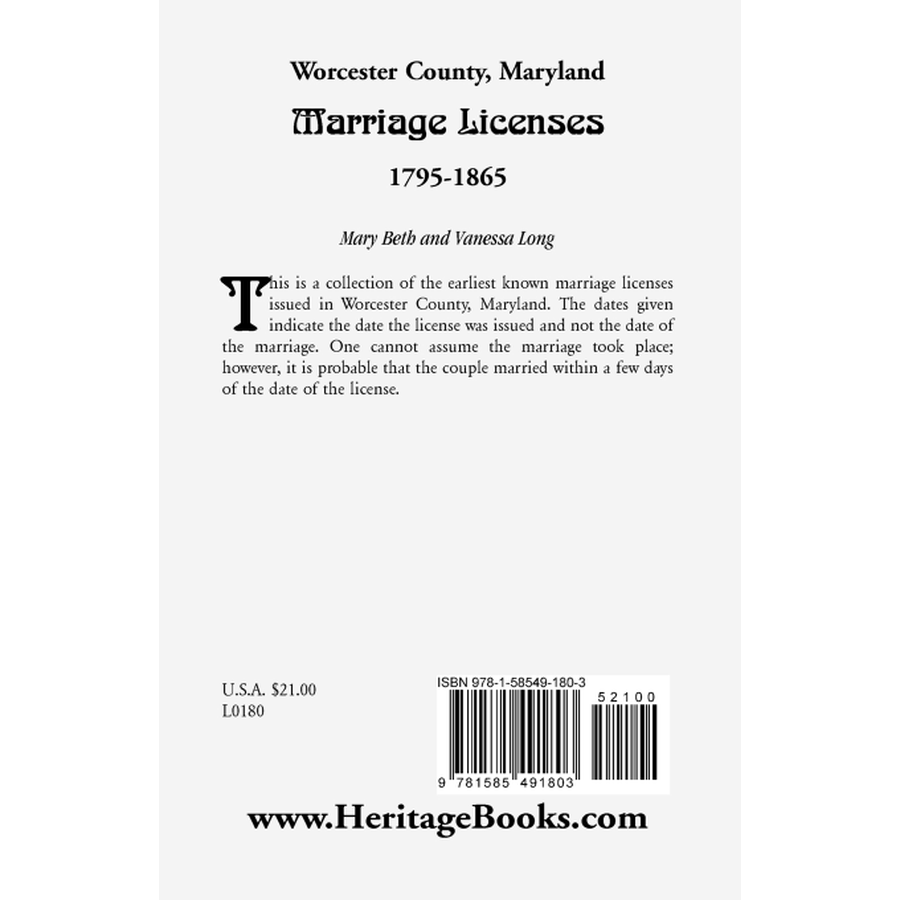 back cover of Worcester County, Maryland Marriage Licenses, 1795-1865