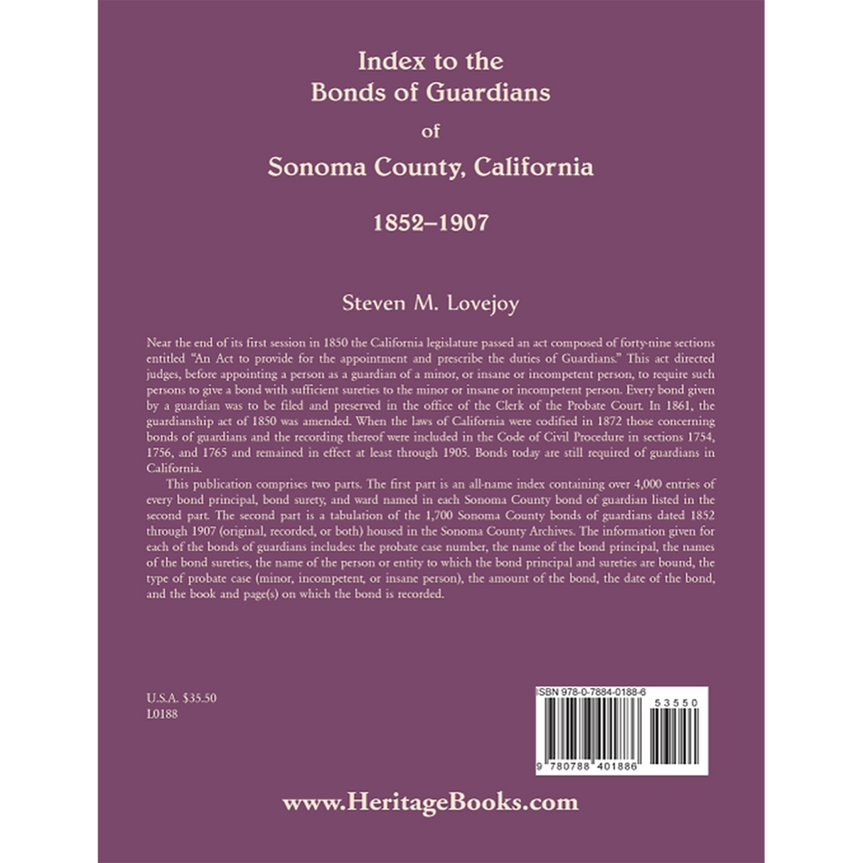 Index to the Bonds of Guardians of Sonoma County, California 1852-1907 back cover