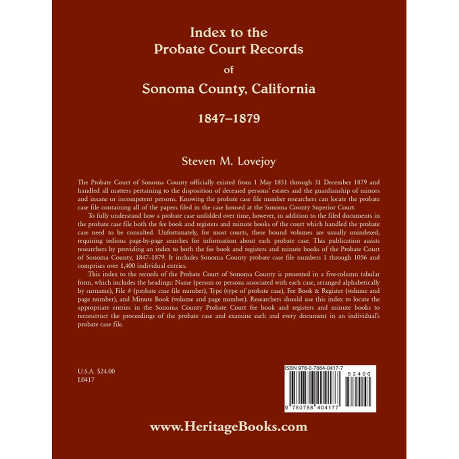 Index to the Probate Court Records of Sonoma County, California, 1847-1879 back cover