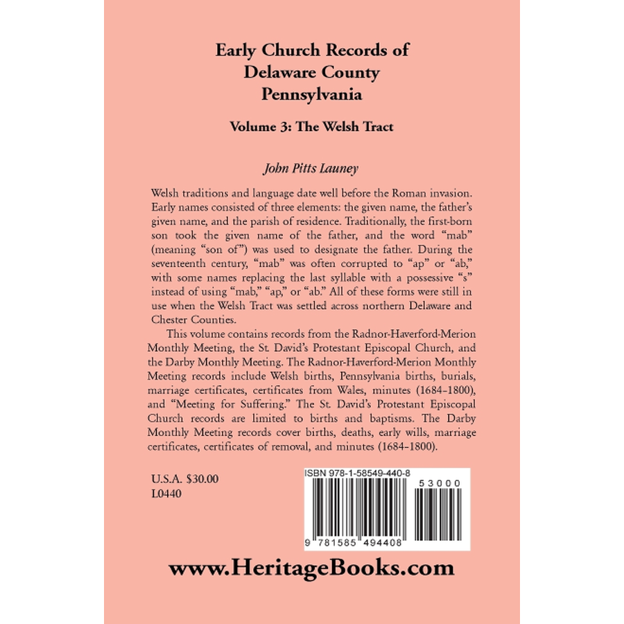 back cover of Early Church Records of Delaware County, Pennsylvania, Volume 3: The Welsh Tract