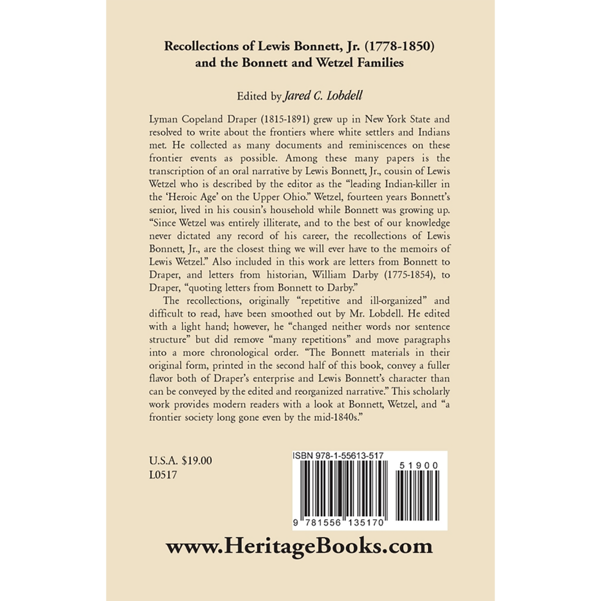 Recollections of Lewis Bonnett, Jr. (1778-1850) and the Bonnett and Wetzel Families back cover