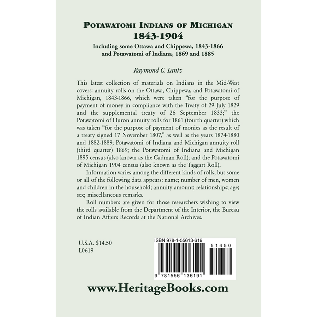 Potawatomi Indians of Michigan, 1843-1904, Including some Ottawa and Chippewa, 1843-1866, and Potawatomi of Indiana, 1869 and 1885 back cover