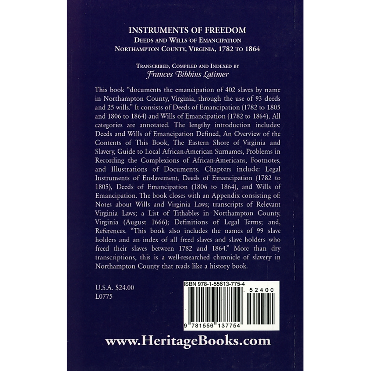 Instruments of Freedom: Deeds and Wills of Emancipation, Northampton County, Virginia, 1782-1864 back cover