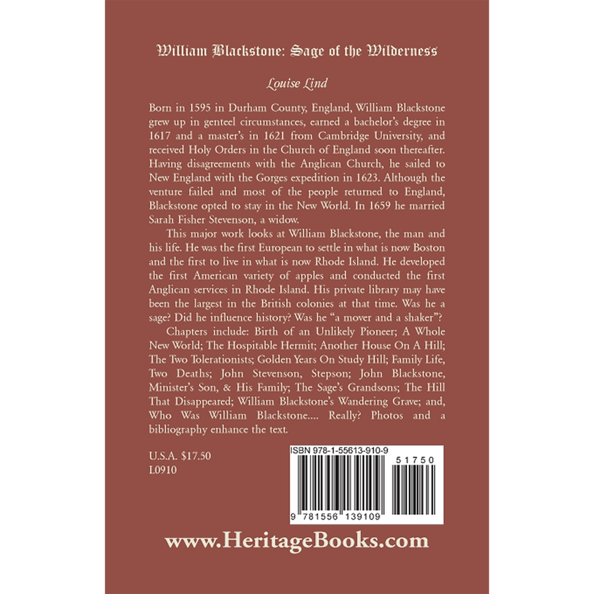 William Blackstone: Sage of the Wilderness back cover