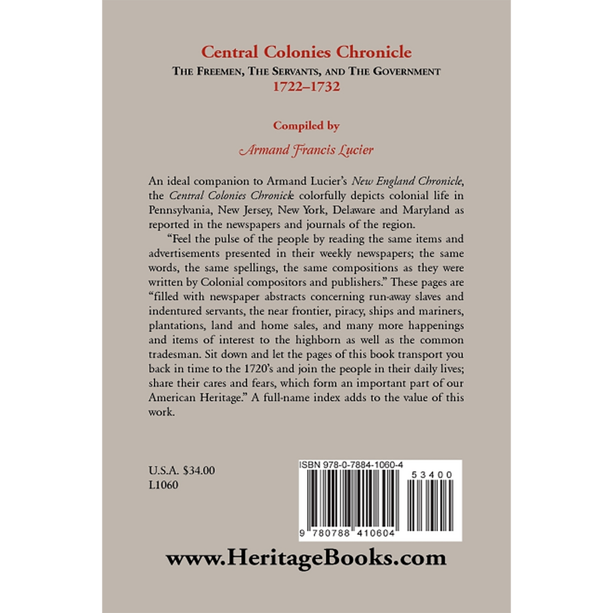 Central Colonies Chronicle: The Freemen, The Servants, and The Governments, 1722-1732 back cover