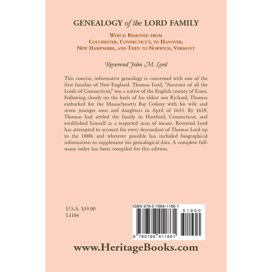 back cover of Genealogy of the Lord Family which removed from Colchester, Connecticut to Hanover, New Hampshire and then to Norwich, Vermont